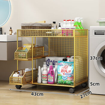 Fantasy bathroom storage rack washing machine side bathroom storage rack multi-layer movable trolley laundry detergent storage rack gold pull-out rack with wheels without grid