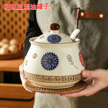 Tuojin ceramic lard jar kitchen seasoning jar salt jar chinese chili jar oil spicy jar high temperature resistant meat oil jar extra large-auspicious flower lard jar (with spoon)