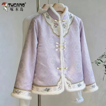 Woodpecker new chinese style national style velvet thickened jacket women 2025 winter printed splicing disc button fur edge warm cotton coat light purple print jacket plus velvet m 70-95 jin