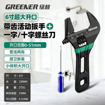 Greener large-opening adjustable wrench household short-handled live wrench small space bathroom special black with teeth 6 inches