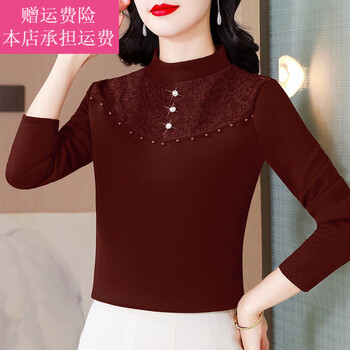 Fickan middle-aged mother's thickened velvet bottoming shirt for women in autumn and winter with a lace blouse half turtleneck german velvet top red (plus velvet) <feeling fashionable temperament fashionable and western-style lady's age-reducing slightly fat medium thickened m 80-100 pounds