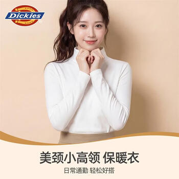 Dickies women's bottoming shirt autumn and winter plus velvet german velvet half turtle collar long sleeves slim warm inner women's top high-quality can be weared outside white m