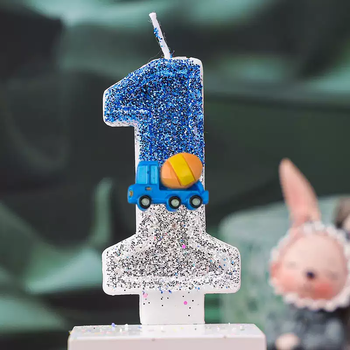 Yusenyi birthday new internet celebrity candle creative digital handmade boy one year cake birthday cake party birthday car car blue mixing truck silver blue digital candle 1
