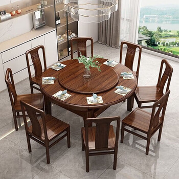 Sanskrit new chinese style ebony solid wood dining table round table foldable telescopic platform log dining table and chair combination