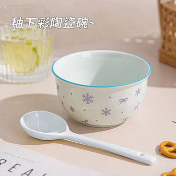Tuojin underglaze color bow bowl and spoon set girls' household exquisite and high-looking rice tableware dessert bowls for personal use chuxue-blue 1 bowl + 1 spoon 2-piece set
