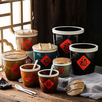 Tuojin ceramic seasoning jar home creative chinese-style fu chili sauce jar with cover hotel restaurant retro seasoning jar small retro fortune jar brown