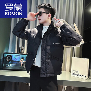Romon winter trendy brand down jacket men's casual handsome stand-up collar thickened short top 2025 new men's winter jacket black m recommended 90-110 catties