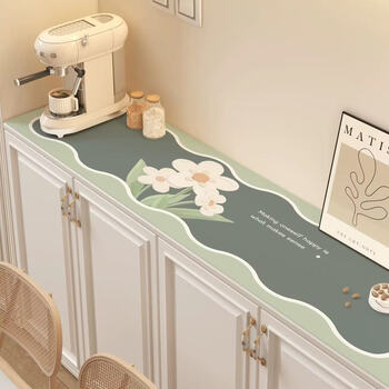 Yusenyi plant flower sideboard table mat shoe cabinet anti-dirty mat entrance waterproof oil-proof wash-free countertop protection mat green white flower 35*160