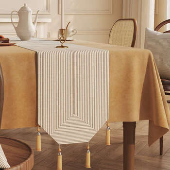 Fantasy tea banquet table runner long tea table doily dining table coffee table cover cloth sideboard cupboard bunting tea flag water ripple trapezoid rice tassel table runner hemp feeling 35x240cm (applicable to tabletop length 180200cm)