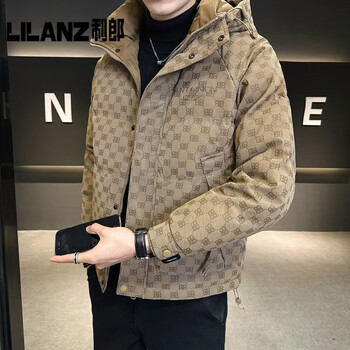 Lilan duck down jacket men's winter hooded 2026 new slim fashion printed jacket men's winter clothes brown m recommended 100-120 catties