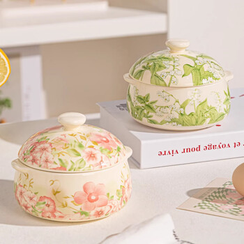 Persson's high-looking stew pot, steamed egg cup, household double-ear ceramic steamed egg bowl, water-proof stew bird's nest special soup cup with lid, mixed color - double-ear stew pot, two pack | with small spoon 300ml