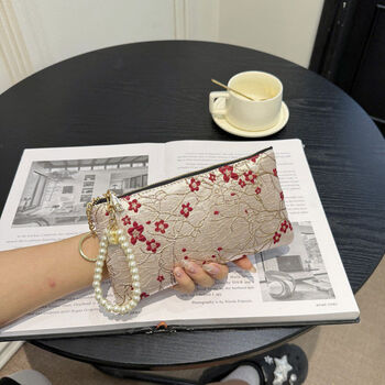2024 new national style embroidery chinese style pearl portable zipper long wallet women's card bag clutch mobile phone bag large plum red