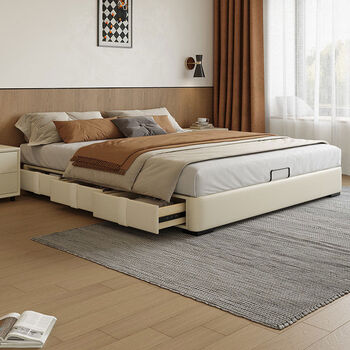 White ideal no bedside simple leather bed small apartment rental smart storage bed tatami bed double bed milk tea color bed + encrypted steel wood bed board + 2 cabinets + natural coconut palm mattress 2000mmx2200mm air pressure three-pump structure