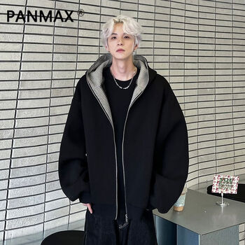 Panmax new trendy and fashionable men's hooded zipper jacket black plaid lining casual jacket black m recommended 95-115 catties