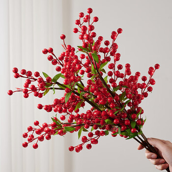 Minsheng with leaves red fruit fortune fruit artificial flower ornaments holly berry branches living room artificial flower ornaments dried flowers green leaves red fruit 4 pack