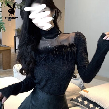 Playboy (playboy) design french style stitching versatile furry mesh half turtleneck top autumn and winter new bottoming shirt for women black s 80-95 pounds