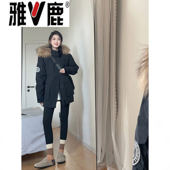 Yalu workwear down jacket women's winter short hooded fur collar 2026 new style super good-looking parka jacket black black s