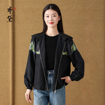 Quedit heavy silk top women's 2026 spring new long sleeve printed hooded jacket baseball uniform mom short jacket ink bottom yanluan l recommended within 130 catties