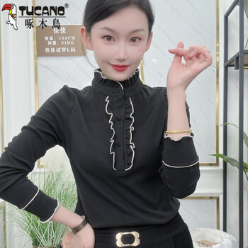 Woodpecker (tucano) autumn and winter 2025 new style german velvet long-sleeved double-sided ear-hem shirt, western style, warm and versatile bottoming shirt top, black s, recommended 80-95