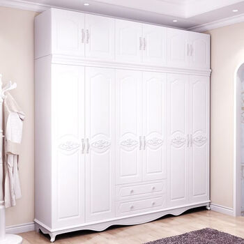 Fantasy european style simple economical white five or six door bedroom with top cabinet curved top wardrobe wooden panel carved wardrobe cabinet 6 doors delivery and installation