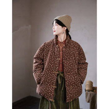 Zhibimo 2025 winter new product coffee color rice polka dot pure cotton corduroy light chinese style warm down jacket coffee color m filling about 179g