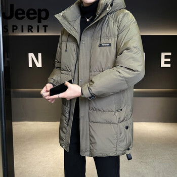 Jeep international brand mid-length down jacket men's winter thickened 2025 new hooded outdoor cold-proof jacket green m 100-120 catties