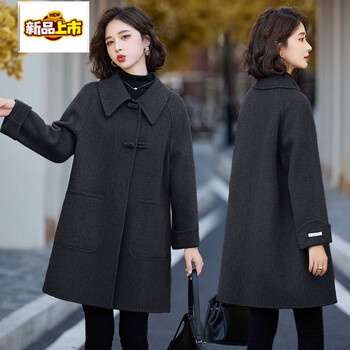 First diameter double-sided wool coat for women, mid-length autumn and winter new high-end horn buckle youthful woolen coat loose black gray hangzhou factory direct sales s recommended around 90-115 catties