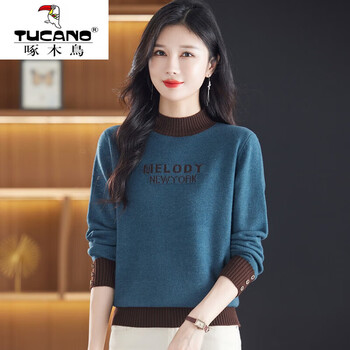 Woodpecker (tucano) 2025 autumn and winter new half-turtle collar color block knitted sweater middle-aged layer bottoming shirt for age reduction and slimming pullover top women blue l