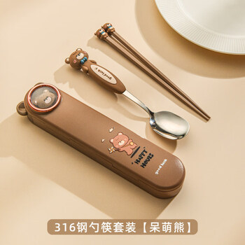 Jczs japanese quality 316 stainless steel spoon and chopstick set portable children's elementary school student two-piece cartoon tableware collection cute bear