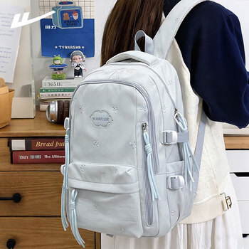 Pull back simple versatile schoolbag female junior high school and high school students large capacity multi-layer lightweight backpack college student computer backpack blue junior high school university