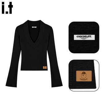 Chocoolate it women's pure lust hottie sexy v-neck bottoming shirt 2025 winter new women's brushed temperament long-sleeved t-shirt black s