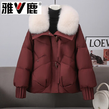 Yalu high-end white duck down jacket women's short 2026 winter new fox fur collar fur jacket thickened and loose for age reduction ankola red m (recommended 115-130 catties high quality)