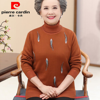 Pierre cardin mother's winter velvet thickened sweater pullover bottoming shirt for middle-aged and elderly women's grandmother wear two lapel warm top 708 caramel color l recommended 95-105 pounds