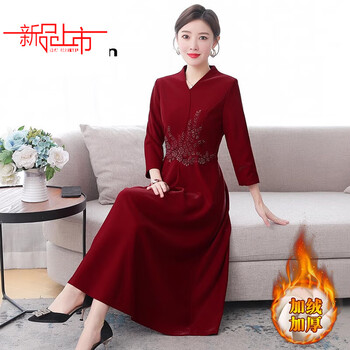 Woodpecker (tucano) cheongsam women's 2025 autumn and winter new style grandma's wedding dress high-end dress plus velvet thickened mom red burgundy plus velvet style 4xl