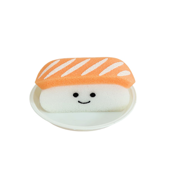 Fantasy salmon sushi sponge ball bath sponge bathing sponge girl washing face lathering washing dishes soft cute children one thick-sliced salmon (free white tray)