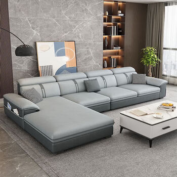 Simple classic 2026 new sofa living room size modern simple technology fabric sofa chaise combination latex sofa silver and light gray four seats + chaise + coffee table 3.3m