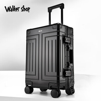 Walker shop brand selection new suitcase aluminum magnesium alloy leather suitcase large capacity suitcase business trip password box blue crystal black 24 inches