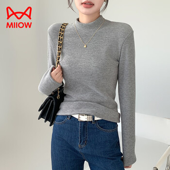 Miiow coconut velvet half turtleneck bottoming shirt for women in autumn and winter, slim fit plus velvet thickened windproof and warm long-sleeved top, gray m, suitable for 70-95 pounds