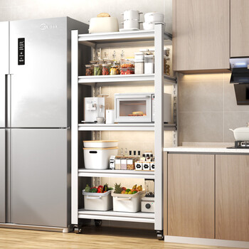 Pupan movable kitchen shelf against the wall, one-piece floor-standing multi-layer household microwave storage rack shelf cabinet shelf, five-story height 160cm, advanced storage, contact to purchase perforated board, loss impulse length 40x width 30cm, load-bearing 50kg/layer