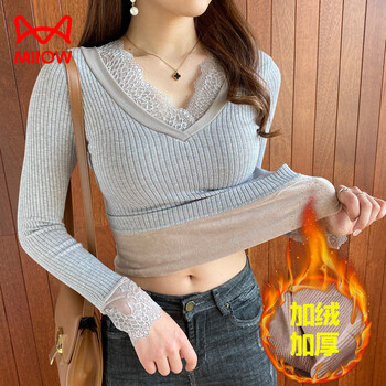 Miiow thermal top women's winter velvet thickened lace splicing v-neck autumn clothes tight bottoming top heating underwear gray pink one size sleeves not velvet (85-130 catties)