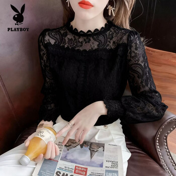Playboy (playboy) velvet lace bottoming shirt for women spring, autumn and winter new internet celebrity temperament long-sleeved round neck large size women's thermal top black m recommended 85-95 pounds