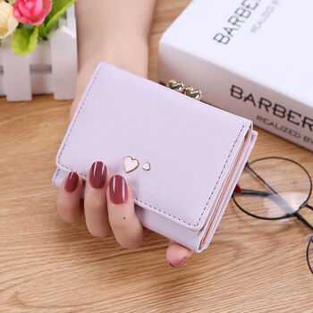 Fuyan internet celebrity wallet female middle school student korean version short small wallet fashionable mini tri-fold coin purse dual-purpose card two hearts purple bag