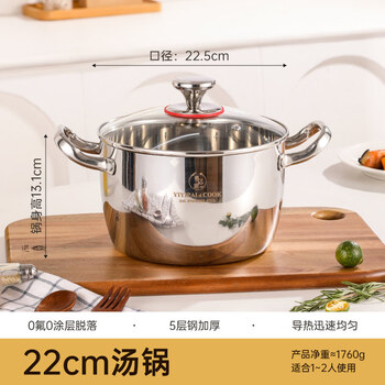 Tuojin imported quality thickened 316l stainless steel steamer from germany, large-capacity soup pot, household steaming, cooking, stewing, induction cooker stew pot, 316l five-layer steel, with lid and no coating, free stainless steel detection solution 22cm