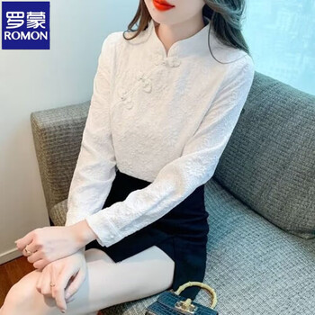 Romon plus velvet and thickened buttoned long-sleeved shirt for women, new retro chinese style inner bottoming shirt, fashionable slimming top, white s