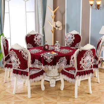 Yusenyi high-end chair cover, chair cushion set, stool cover, home dining chair cushion, round table cloth, tea table cloth, korean red, rich, auspicious and red european, 6 seat cushions + 6 backrests + 130x180 tablecloth