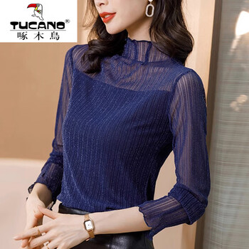 Woodpecker (tucano) large size half turtle collar lace bottoming shirt for women with black mesh long sleeve t-shirt top for fat m spring autumn winter royal blue xl 120-140 jin
