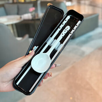 Tuojin german imported quality ins style ceramic spoon chopsticks tableware set portable box long handle spoon tableware for one person hepburn style ceramic spoon + chopsticks portable set polka dot