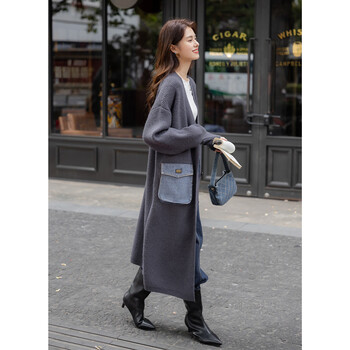 Ives (itisf4) advanced lazy style sweater thick coat autumn and winter loose temperament mid-length knitted cardigan gray one size