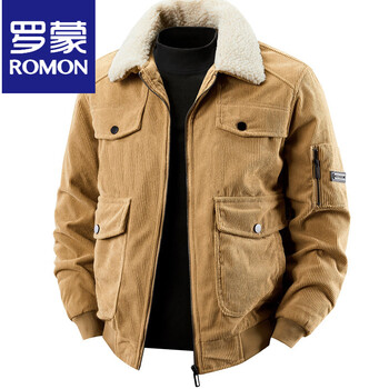 Romon 2025 new corduroy large pocket work jacket lambswool plus velvet thickened cotton clothes autumn and winter jacket men's khaki lapel winter thickened one size recommended 80-100 jin