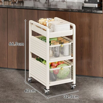 Trolley storage rack in the fantasy kitchen cabinet, household fruit and vegetable embedded pull-out vegetable basket, colorful storage mobile rack, thickened three-layer white, smooth and high-quality metal